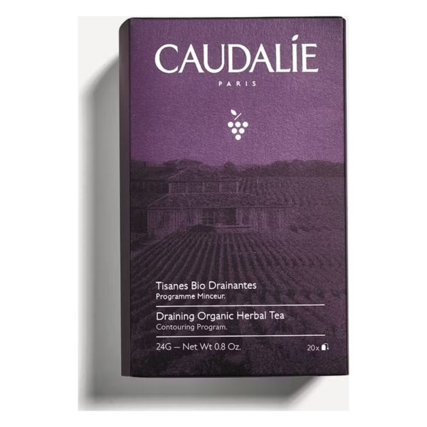 Körperformende Teeverpackung von Caudalie mit lila Design und Traubensymbol.