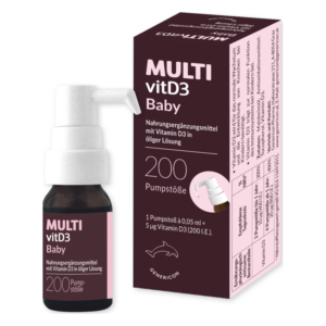 Flasche mit Vitamin D3 für Babys in öliger Lösung und Verpackung mit Pumpmechanismus.