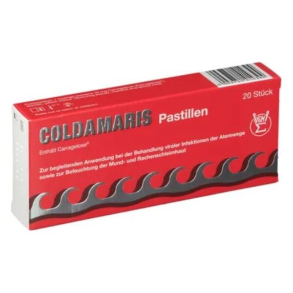 Packung Coldamaris Pastillen in Rot mit schwarzem Wellenmuster, zur Behandlung viraler Atemwegsinfektionen.
