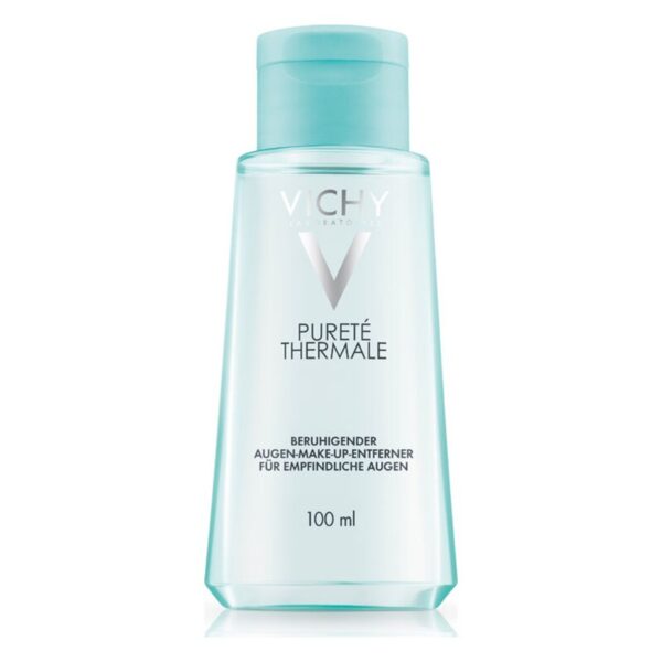 Vichy Pureté Thermale, beruhigender Augen-Make-up-Entferner in einer transparenten Flasche mit blauem Deckel.
