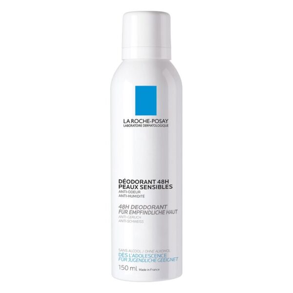 Sprühdeo von La Roche-Posay in weißem Zylinder mit blauer Marke, abgestimmt auf empfindliche Haut.