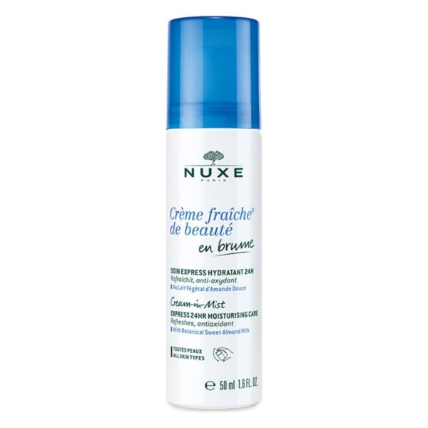 Sprühflasche mit feuchtigkeitsspendender Creme von NUXE, 50 ml, mit blauem Deckel und weißer Verpackung.