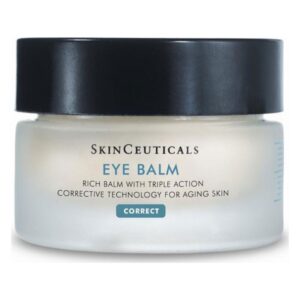 Augenbalsam in einem runden Glasbehälter mit schwarzem Deckel und Beschriftung von SkinCeuticals.