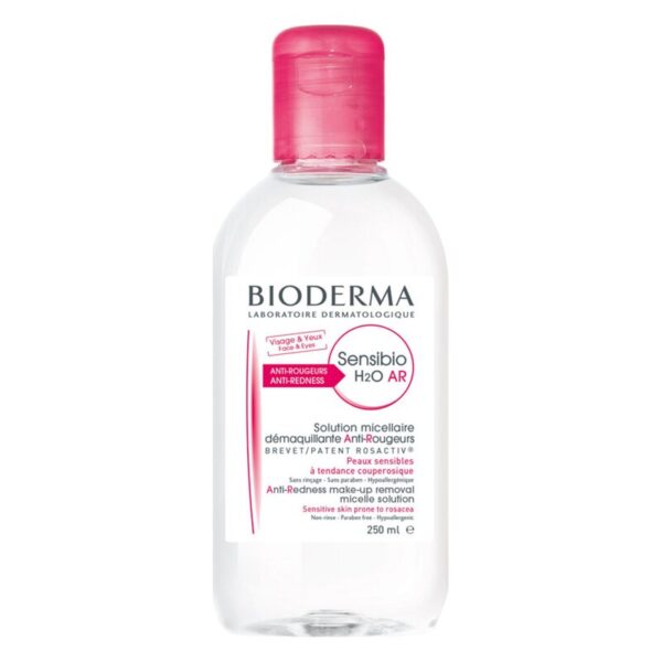 Flasche mit Bioderma Sensibio H2O AR, einer milden Reinigungs- und Abschminklösung für empfindliche Haut.
