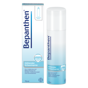 Bepanthen kühlender SchaumSpray in 75ml Dose, zur Linderung bei Sonnenbrand und Verbrennungen.
