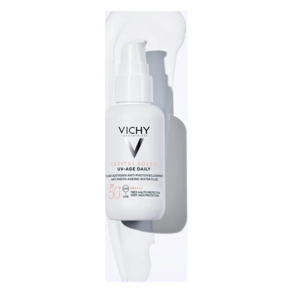 Sonnenschutzflüssigkeit mit SPF 50 aus der Reihe Vichy Capital Soleil, praktische Pumpflasche, leichte Textur.