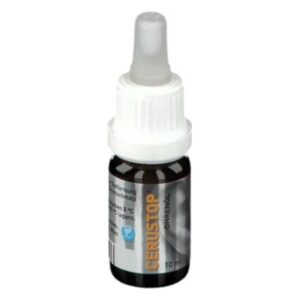 Flasche mit Ohrentropfen Cerustop, 10 ml, mit Tropfverschluss und schwarzer Etikettierung.