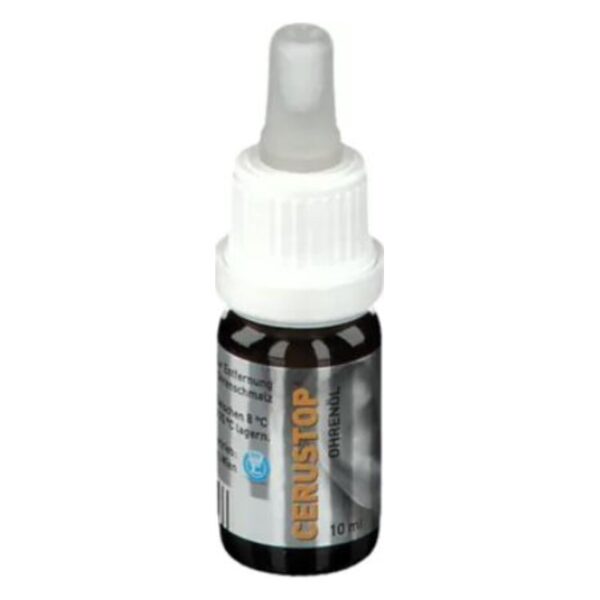 Flasche mit Ohrentropfen Cerustop, 10 ml, mit Tropfverschluss und schwarzer Etikettierung.