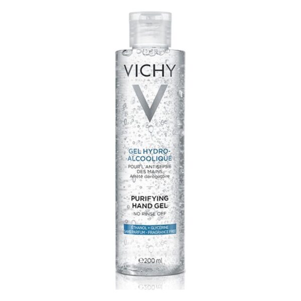 Transparenter Handdesinfektionsgel in einer klaren Plastikflasche mit Pumpspender und 200 ml Inhalt.