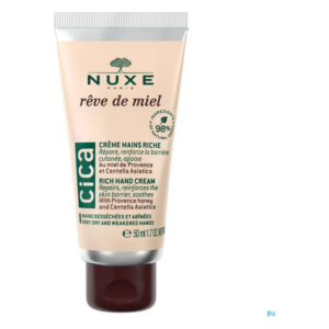Tube einer reichhaltigen Handcreme von Nuxe, mit Angaben zur Reparatur und Beruhigung der Hautbarriere.