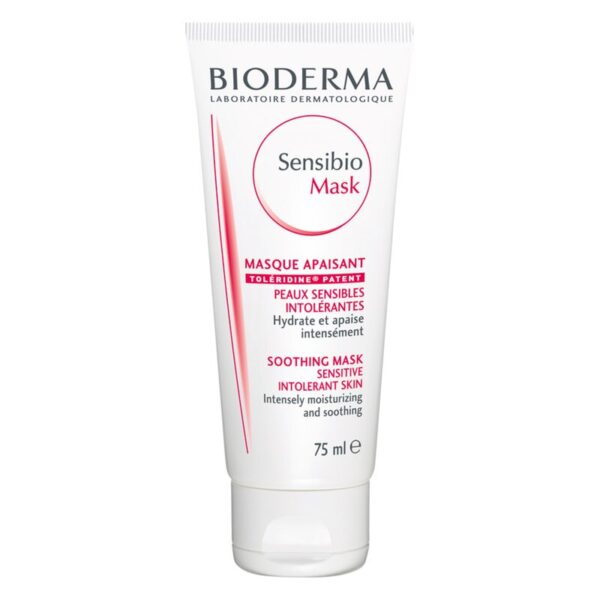 Weiße Tube mit rotem Aufdruck, enthält die Bioderma Sensibio Maske für empfindliche Haut.
