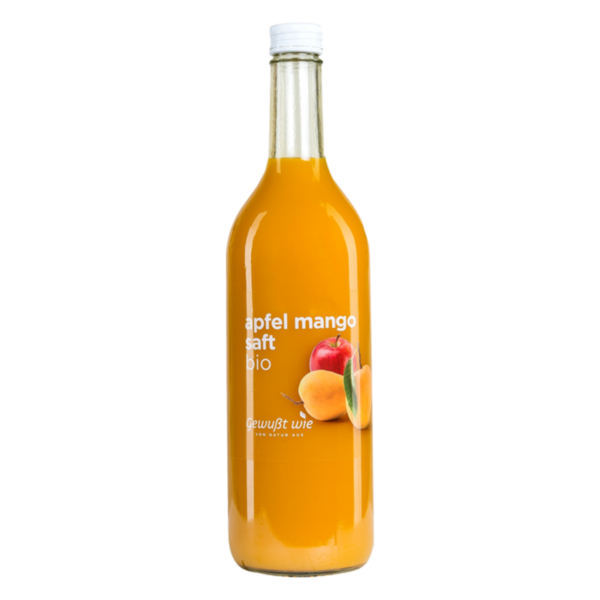 Flasche mit Apfel-Mango-Saft, transparent, mit helloranger Flüssigkeit und ansprechendem Etikett.