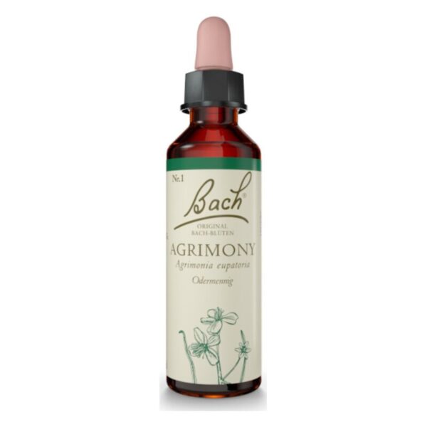 Braune Glasflasche mit Tropfer, etikettiert "Bach AGRIMONY", zeigt botanische Illustration und Inhaltsstoffe.