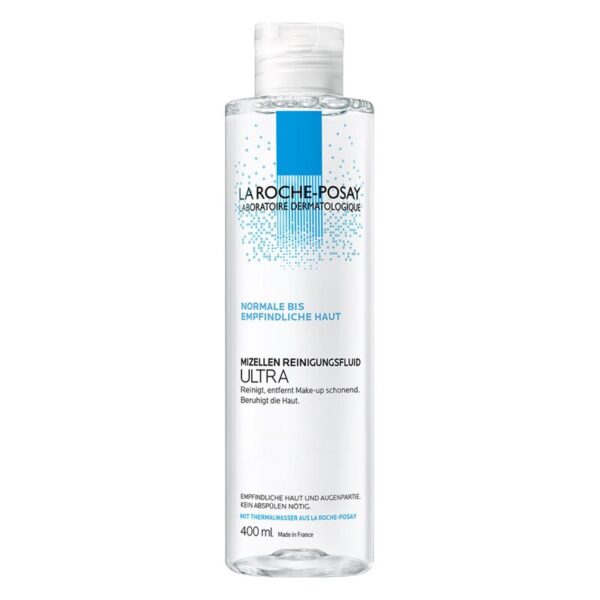 Transparente Flasche mit Mizellen-Reinigungsfluid für normale bis empfindliche Haut, 400 ml, von La Roche-Posay.