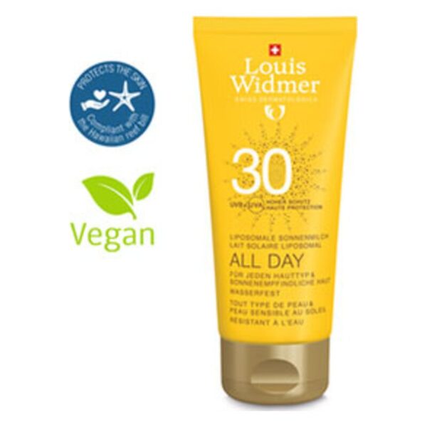 Gelbe Tube mit Lipposomalem Sonnenschutzmittel SPF 30, wasserfest und vegan, umgeben von Symbolen für Hautschutz und Veganismus.
