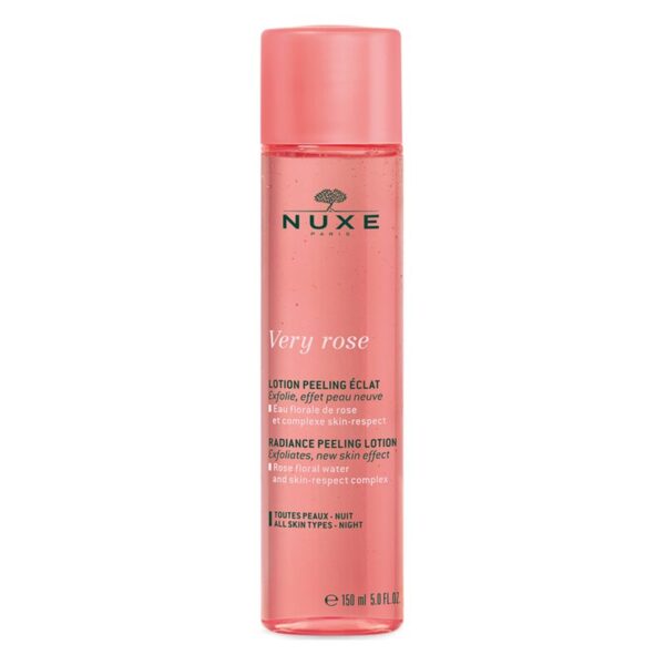 Transparente Flasche mit rosa Peeling-Lotion von Nuxe, beschriftet mit 'Very rose' und Anwendungshinweisen.