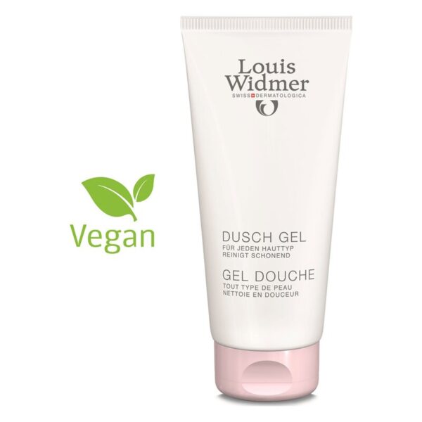 weisse Tube mit Duschgel für jeden Hauttyp, vegan, mit rosa Verschluss, neben dem veganen Symbol.