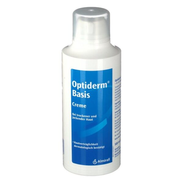 Flasche Optiderm Basis Creme für trockene und juckende Haut, mit blauer und weißer Verpackung.