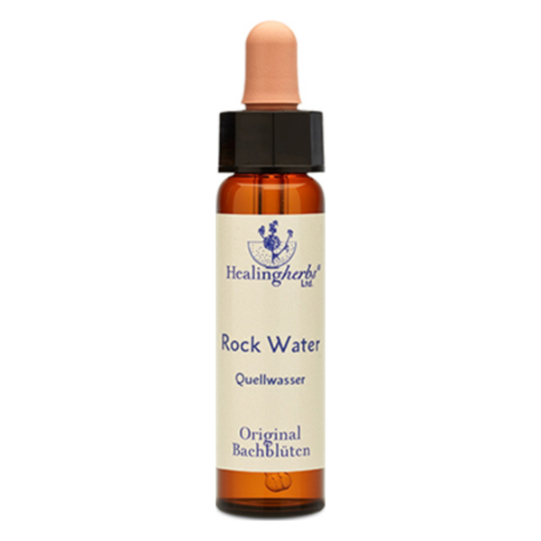 Braune Glasflasche mit Pipette, etikettiert mit 'Rock Water Quellwasser' von Healing Herbs.