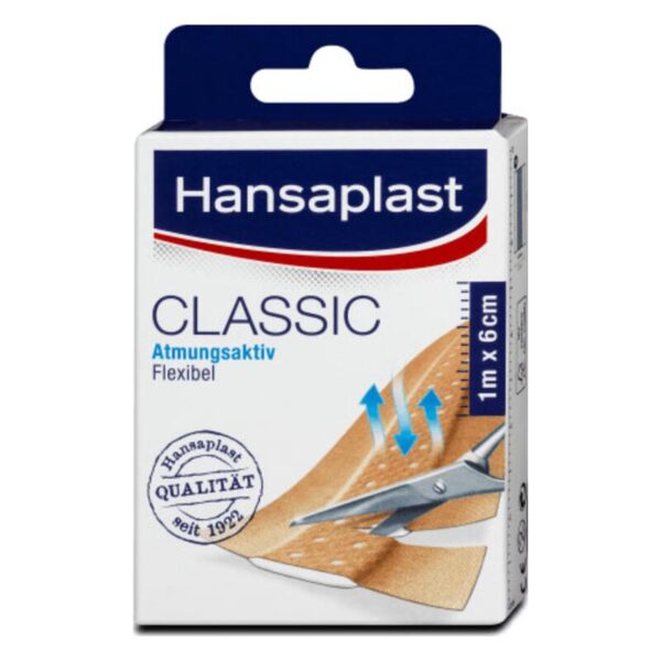 Packung mit Hansaplast Classic Pflaster, atmungsaktiv und flexibel, zeigt eine Schere und Maße von 1m x 6cm.