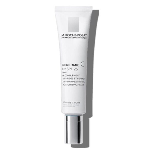 Gesichtspflegecreme in weißer Tube mit Spender, mit Lichtschutzfaktor 25 und Vitamin C.