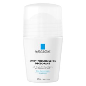 Roll-on-Deodorant in weißer Verpackung mit blauer Schrift, bewirbt 24 Stunden Schutz und Eignung für empfindliche Haut.