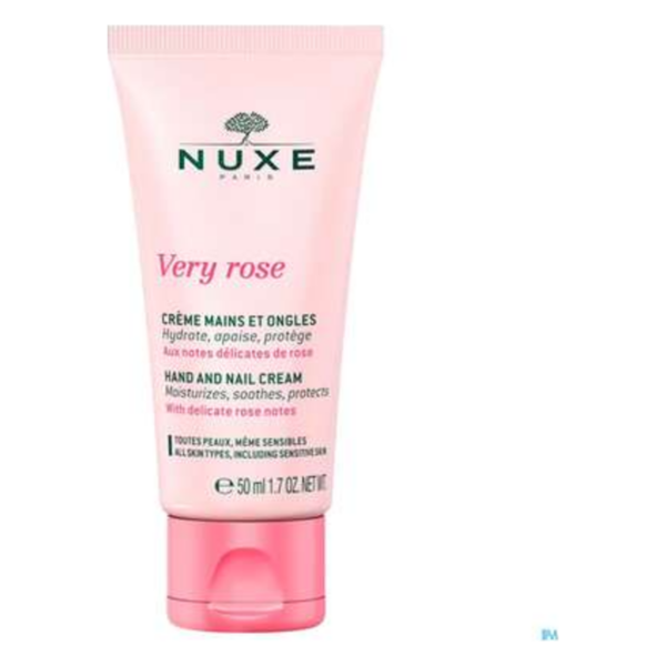 Rosa Hand- und Nagelcreme in einer Tube mit 50 ml, verpackt in einem pinkfarbenen Design, mit Aufschrift und Inhaltsstoffen.