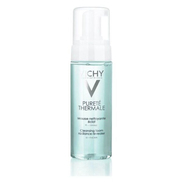 Transparente Reinigungsschaumflasche von Vichy mit Pumpe, für empfindliche Haut, betitelt 'Pureté Thermale'.