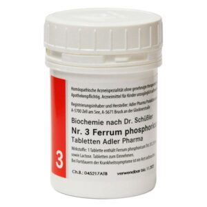 Weißes Fläschchen mit Schraubverschluss, beschriftet mit homöopathischen Informationen zu Ferrum phosphoricum Tabletten.