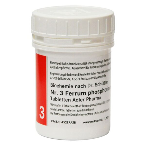 Weißes Fläschchen mit Schraubverschluss, beschriftet mit homöopathischen Informationen zu Ferrum phosphoricum Tabletten.