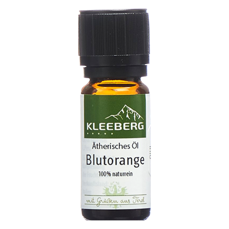 Braune Glasflasche mit schwarzem Verschluss, enthält 100% reines ätherisches Öl der Blutorange.