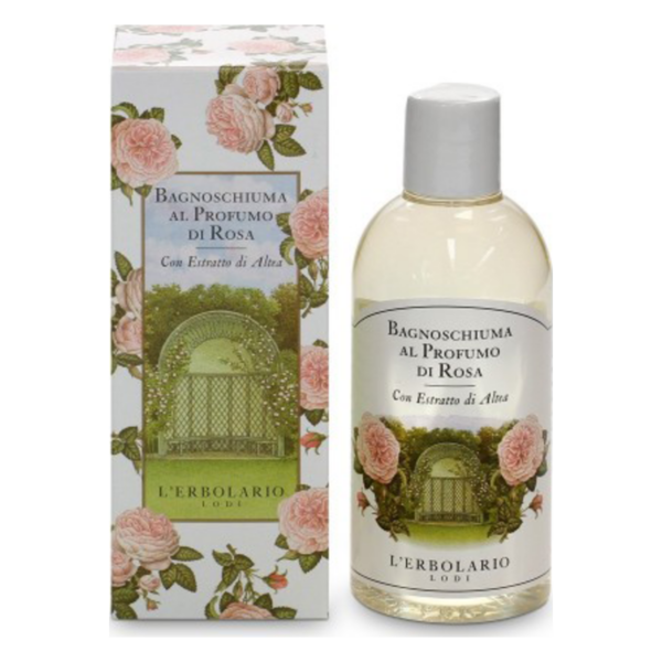 Flasche mit Duschschaum, verpackt in einer blumigen Box mit Rosendesign und dem Schriftzug "Bagnoschiuma al Profumo di Rosa".