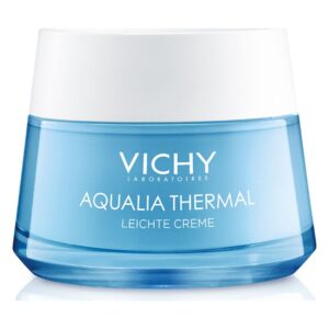 Tiegel mit blauer Creme, beschriftet als VICHY AQUALIA THERMAL leichte Creme, mit weißem Deckel.