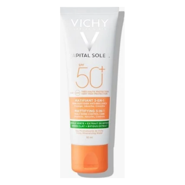 Sonnenschutzcreme in einer weißen Tube mit orangefarbenem Deckel, SPF 50+, mattierende 3-in-1 Formel.