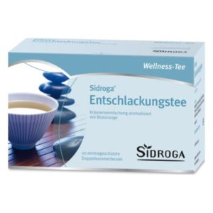 Verpackung des Sidroga Entschlackungstees, Kräuterteemischung mit Blutorange, für Wellness, im eleganten Design.