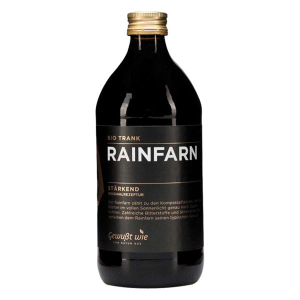 Eine Flasche mit schwarzem Etikett, die den Bio-Trank "Rainfarn" zeigt, mit goldfarbener Verschlusskappe und beschreibendem Text.
