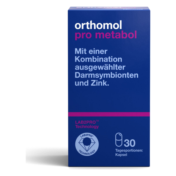 Verpackung von orthomol pro metabol mit Angaben zu Inhaltsstoffen, 30 Tagesportionen in Kapseln.