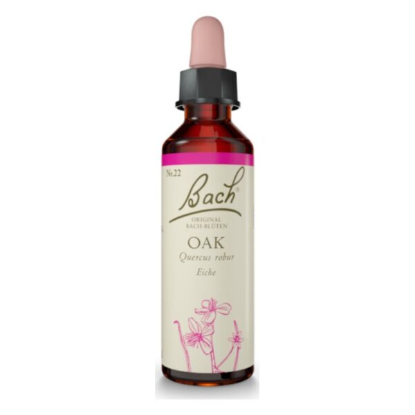 Braune Flasche mit Pipette, Etikett zeigt "Bach Original Bach-Blüten, Oak, Quercus robur, Nr. 22"