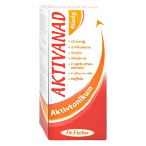 Verpackung des Flüssigprodukts Aktivanad von Dr. Fischer mit Inhaltsstoffen wie Ginseng und B-Vitaminen.