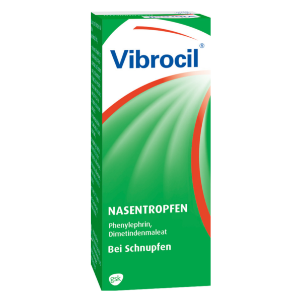 Grüne Verpackung mit weißer und blauer Schrift für Vibrocil Nasentropfen, geeignet bei Schnupfen.