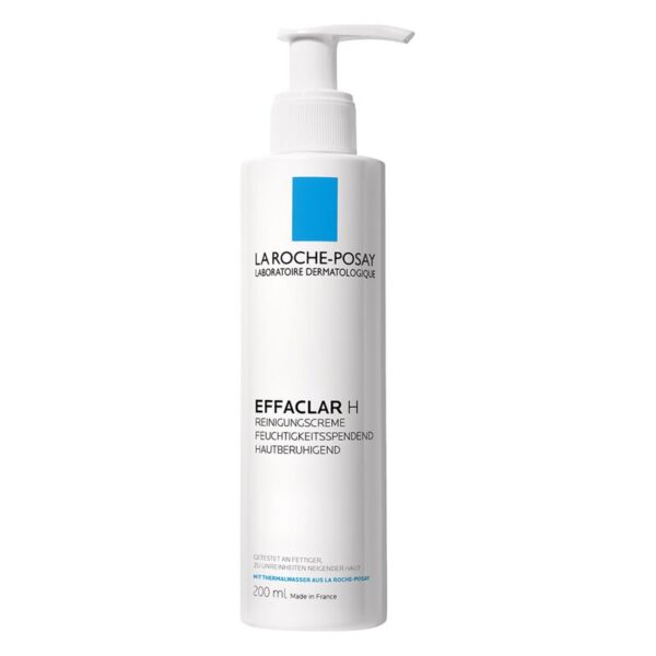 Flasche mit La Roche-Posay Effaclar H Reinigungscreme, 200 ml, mit Spender und pflegender Formel.