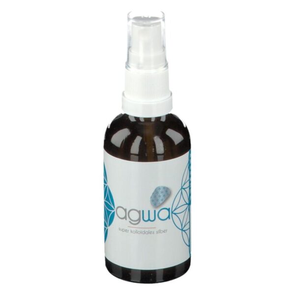Braune Sprühflasche mit weißem Deckel und farbigem Etikett, beschreibt kolloidales Silber.