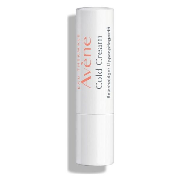 Weißer Lippenpflegestift mit orangefarbener Schrift, gekennzeichnet als Avène Cold Cream, in drehbarem Behälter.
