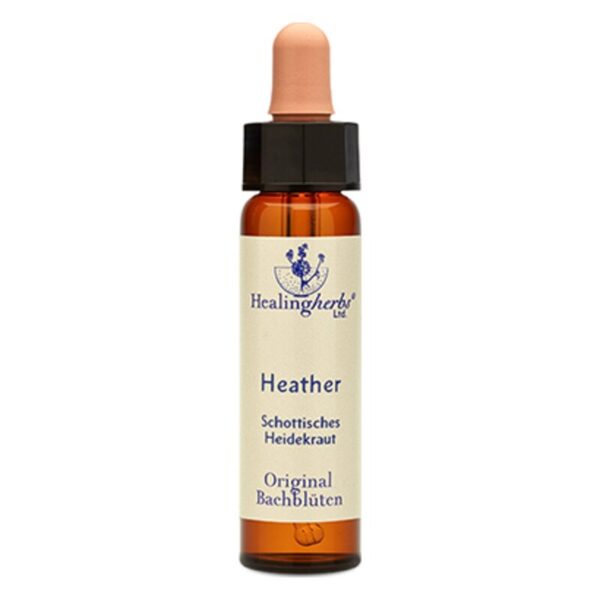 Eine braune Glasflasche mit Pipette, beschriftet mit "Heather" und "Schottisches Heidekraut" von Healingherbs.