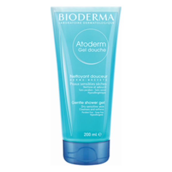 Transparente Tube mit hellblauem Duschgel für empfindliche Haut, mit hypoallergener Formel, 200 ml.