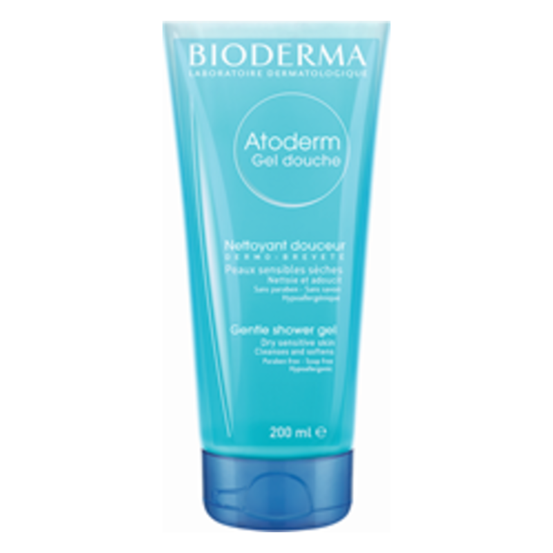 Transparente Tube mit hellblauem Duschgel für empfindliche Haut, mit hypoallergener Formel, 200 ml.