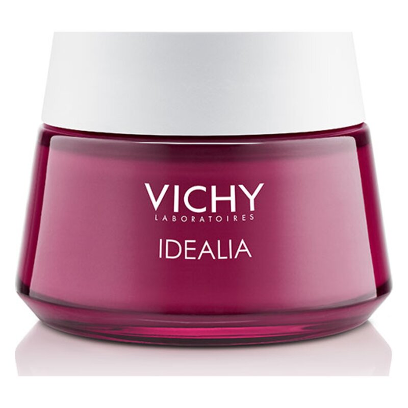 Runde Flasche mit pinkfarbener Creme und weißem Deckel, beschriftet mit "VICHY IDEALIA".