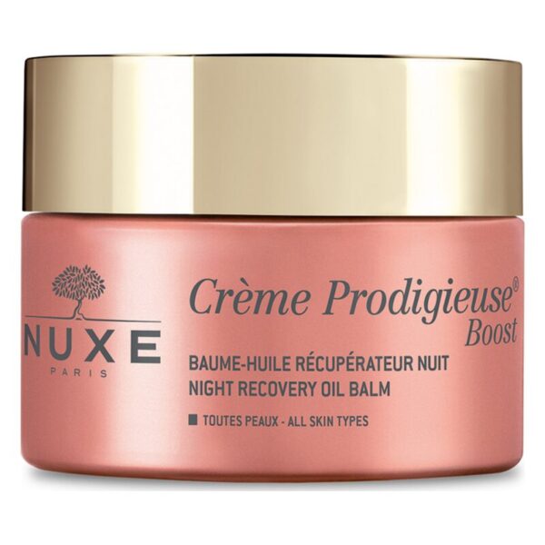 Rosa Pflegecreme in einem runden Glasbehälter mit goldenen Deckel, beschriftet mit "Crème Prodigieuse Boost".