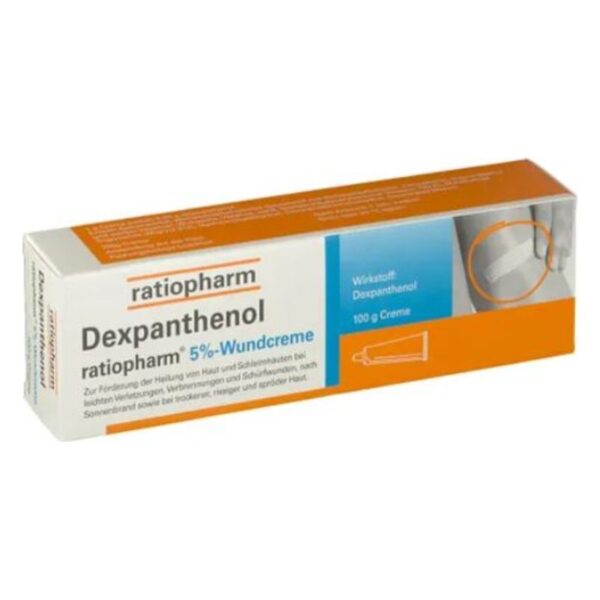 Packung der Dexpanthenol 5%-Wundcreme von ratiopharm, 100 g, mit Beschreibung zur Hautheilung.
