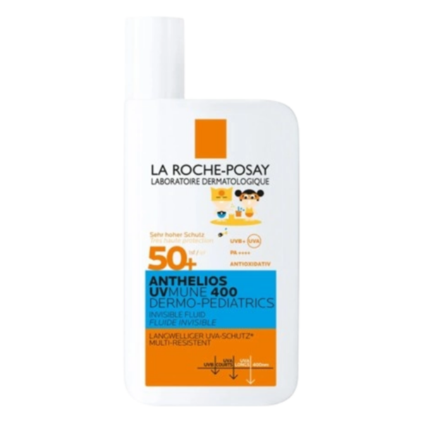 Helle Flasche mit Sonnencreme von La Roche-Posay, für Kinder, mit hohem Lichtschutzfaktor 50+ und wasserresistenter Formel.